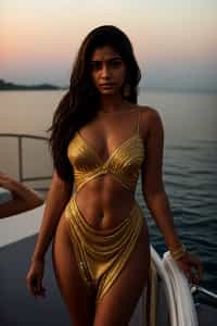 woman wearing skimpy cut out dress  at an exclusive yacht party sunset, capturing the essence of luxury and opulence