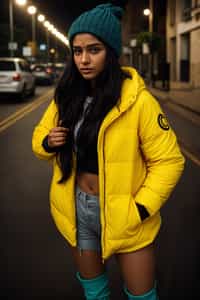 woman wearing gorpcore aesthetic, functional outdoor clothing, bright colored puffer jacket, moonboots, beanie, white wool socks, outerwear, posing for photo in the street