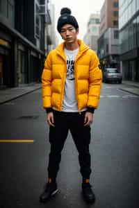 man wearing gorpcore aesthetic, functional outdoor clothing, bright colored puffer jacket, moonboots, beanie, white wool socks, outerwear, posing for photo in the street