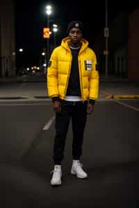 man wearing gorpcore aesthetic, functional outdoor clothing, bright colored puffer jacket, moonboots, beanie, white wool socks, outerwear, posing for photo in the street