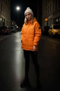 woman wearing gorpcore aesthetic, functional outdoor clothing, bright colored puffer jacket, moonboots, beanie, white wool socks, outerwear, posing for photo in the street