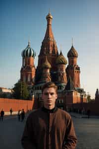 authentic and cultural man in Moscow wearing a traditional sarafan/kosovorotka, Saint Basil's Cathedral in the background