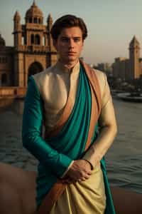 classic and traditional man in Mumbai wearing a vibrant Saree Sherwani, Gateway of India in the background