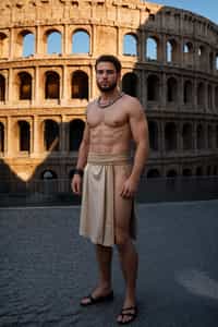 grand and historical man in Rome wearing a traditional Roman stola/toga, Colosseum in the background