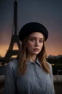 stylish and sophisticated  woman in Paris wearing a traditional Breton shirt and beret, Eiffel Tower in the background