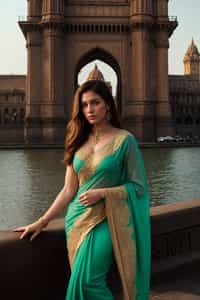 glamorous and traditional  woman in Mumbai wearing a vibrant Saree Sherwani, Gateway of India in the background