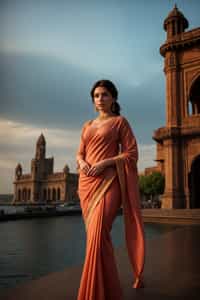 glamorous and traditional  woman in Mumbai wearing a vibrant Saree Sherwani, Gateway of India in the background