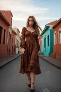 exquisite and traditional  woman in Buenos Aires wearing a tango dress/gaucho attire, colorful houses of La Boca neighborhood in the background