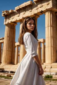 graceful and striking  woman in Athens wearing a traditional Evzone uniform/Amalia dress, Parthenon in the background