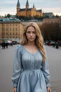 traditional  woman in Stockholm wearing a Swedish folkdräkt, Stockholm Palace in the background