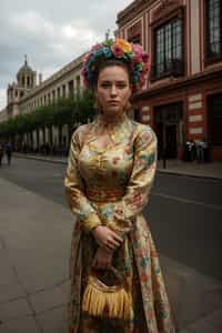 colorful and cultural  woman in Mexico City wearing a traditional charro suit/china poblana, Frida Kahlo Museum in the background