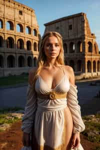 stunning and historical  woman in Rome wearing a traditional Roman stola/toga, Colosseum in the background