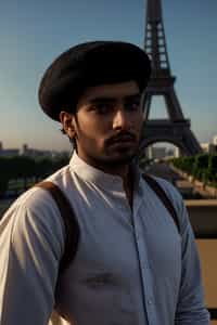 polished and traditional man in Paris wearing a traditional Breton shirt and beret, Eiffel Tower in the background
