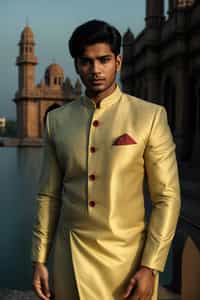 classic and traditional man in Mumbai wearing a vibrant Saree Sherwani, Gateway of India in the background