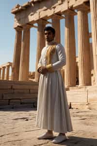 impressive and traditional man in Athens wearing a traditional Evzone uniform/Amalia dress, Parthenon in the background