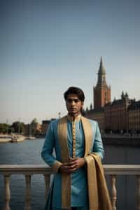 dignified and traditional man in Stockholm wearing a Swedish folkdräkt, Stockholm Palace in the background