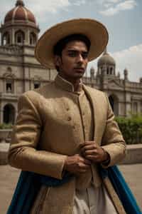 bold and cultural man in Mexico City wearing a traditional charro suit/china poblana, Frida Kahlo Museum in the background