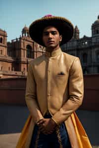 bold and cultural man in Mexico City wearing a traditional charro suit/china poblana, Frida Kahlo Museum in the background