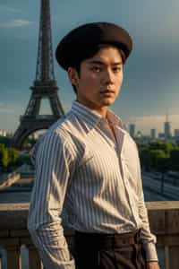 polished and traditional man in Paris wearing a traditional Breton shirt and beret, Eiffel Tower in the background