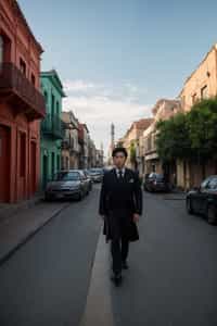 classy and traditional man in Buenos Aires wearing a tango dress/gaucho attire, colorful houses of La Boca neighborhood in the background
