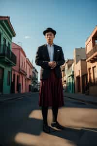classy and traditional man in Buenos Aires wearing a tango dress/gaucho attire, colorful houses of La Boca neighborhood in the background