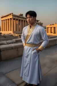 impressive and traditional man in Athens wearing a traditional Evzone uniform/Amalia dress, Parthenon in the background