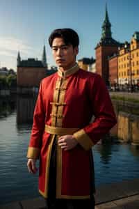 dignified and traditional man in Stockholm wearing a Swedish folkdräkt, Stockholm Palace in the background