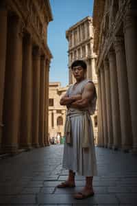 grand and historical man in Rome wearing a traditional Roman stola/toga, Colosseum in the background