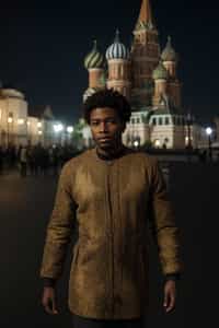authentic and cultural man in Moscow wearing a traditional sarafan/kosovorotka, Saint Basil's Cathedral in the background