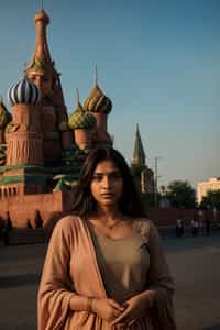 lovely and cultural  woman in Moscow wearing a traditional sarafan/kosovorotka, Saint Basil's Cathedral in the background