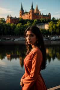 traditional  woman in Stockholm wearing a Swedish folkdräkt, Stockholm Palace in the background