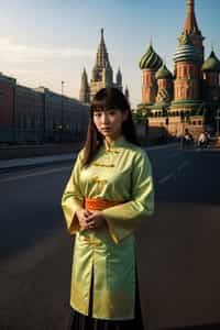 lovely and cultural  woman in Moscow wearing a traditional sarafan/kosovorotka, Saint Basil's Cathedral in the background