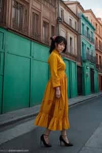 exquisite and traditional  woman in Buenos Aires wearing a tango dress/gaucho attire, colorful houses of La Boca neighborhood in the background