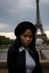 stylish and sophisticated  woman in Paris wearing a traditional Breton shirt and beret, Eiffel Tower in the background