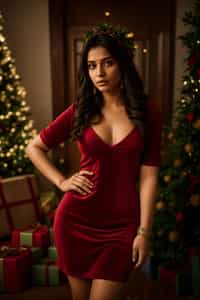 woman wearing (naughty Christmas) (sexy Christmas costume) (velvet dress) (Christmas outfit), festive outfit posing for photo, background is Christmas decorations and lights