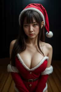 woman wearing (naughty Christmas) (sexy Christmas costume) elf outfit posing for photo