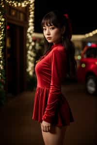 woman wearing (naughty Christmas) (sexy Christmas costume) (velvet dress) (Christmas outfit), festive outfit posing for photo, background is Christmas decorations and lights