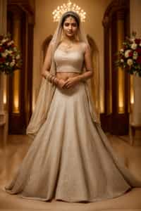 full body shot of smiling woman in wedding photoshoot. Bridal style. Wedding style. Marriage style. Wedding dress . At a glamorous hotel wedding venue.