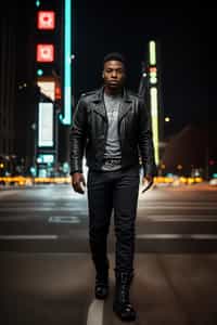 sharp and trendy man in New York City wearing a leather jacket, jeans, and boots with urban graffiti in the background