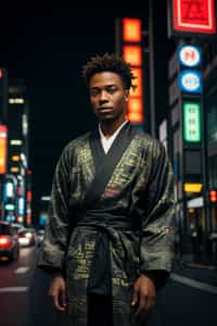 sharp and trendy man in Tokyo wearing a modern take on a traditional kimono, neon lights of the city in the background