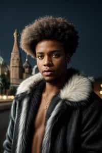 sharp and trendy man in Moscow wearing a faux fur coat, Kremlin in the background