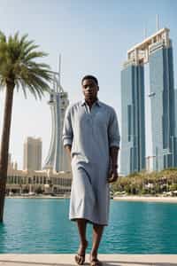sharp and trendy man in Dubai wearing a stylish sundress/linen shirt, the Atlantis hotel in the background