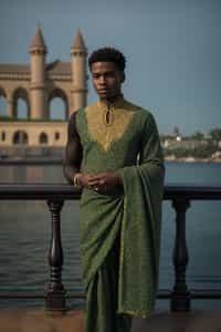sharp and trendy man in Mumbai wearing a vibrant saree/kurta, Gateway of India in the background