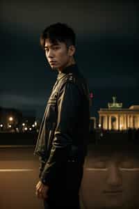 sharp and trendy man in Berlin wearing a punk-inspired outfit, Brandenburg Gate in the background