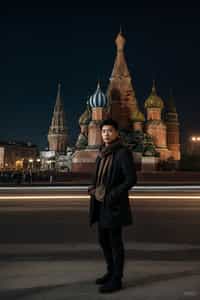 sharp and trendy man in Moscow wearing a stylish coat and scarf, Saint Basil's Cathedral in the background