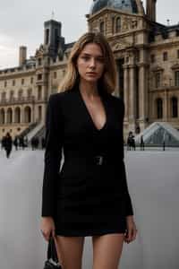stylish and chic  woman in Paris wearing a chic black dress/suit, Louvre pyramid in the background