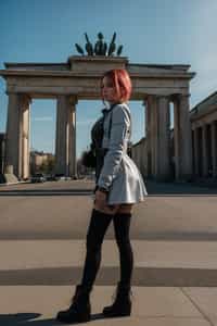 stylish and chic  woman in Berlin wearing a punk-inspired outfit, Brandenburg Gate in the background