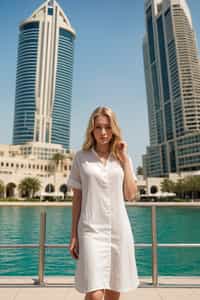stylish and chic  woman in Dubai wearing a stylish sundress/linen shirt, the Atlantis hotel in the background