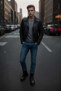 sharp and trendy man in New York City wearing a leather jacket, jeans, and boots with urban graffiti in the background