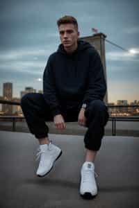 sharp and trendy man in New York City wearing an oversized sweatshirt and high top sneakers, Brooklyn Bridge in the background